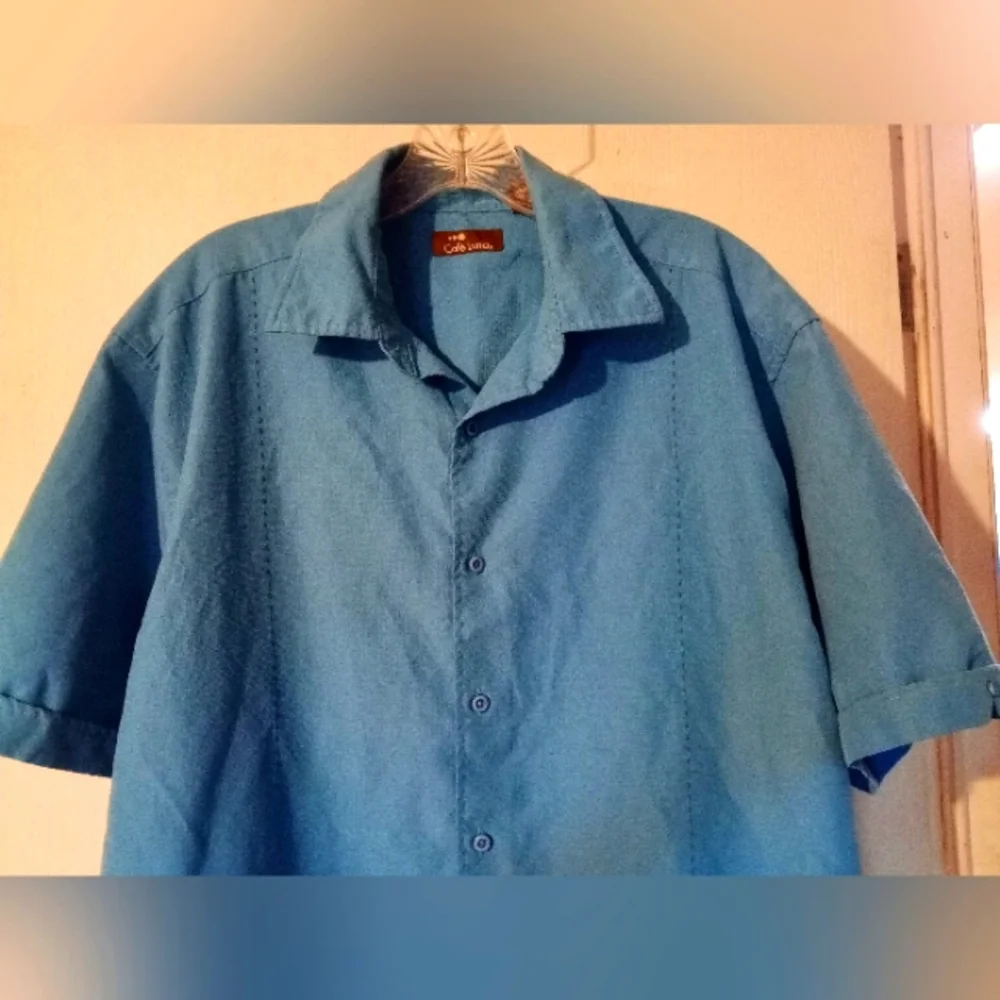 Cafe Luna Casual Short Sleeve‎ Shirt Vintage Look Blue Sz.Large
